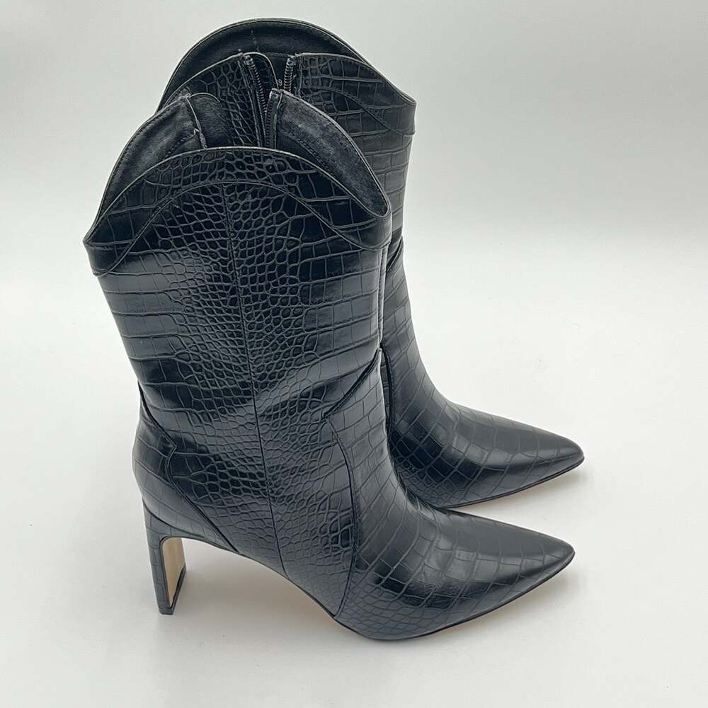 Chinese Laundry Women's Western Boots Black Croc Embossed Pointed Toe Heels